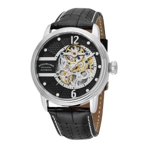 Relógio Automático Próspero Clássico 308A 44mm Mostrador Preto Pulseira de Couro Preta Prata.