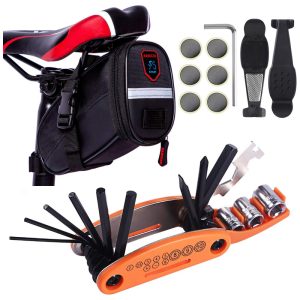 Kit de Reparo Emergencial de Bicicleta com Mini Bomba 120 PSI e Bolsa de Transporte 16 Peças YBEKI Preto