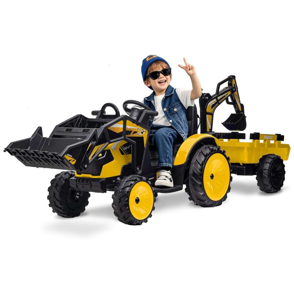 Trator Infantil Elétrico GarveeLife Amarelo 24V 3 em 1 Escavadeira Buldôzer Trailer Controle Remoto Luzes LED Bluetooth