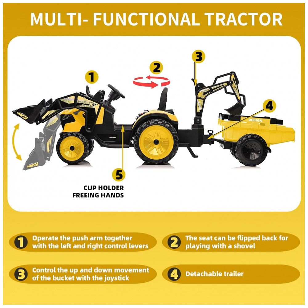 Trator Infantil Elétrico GarveeLife Amarelo 24V 3 em 1 Escavadeira Buldôzer Trailer Controle Remoto Luzes LED Bluetooth - Imagem 3