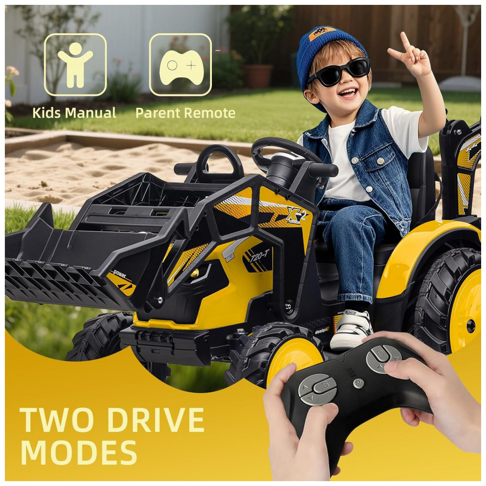 Trator Infantil Elétrico GarveeLife Amarelo 24V 3 em 1 Escavadeira Buldôzer Trailer Controle Remoto Luzes LED Bluetooth - Imagem 4