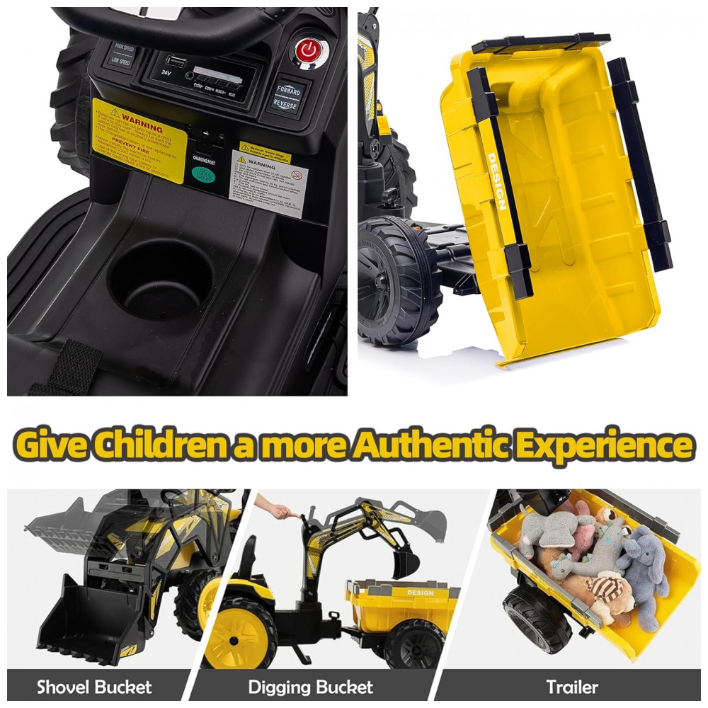 Trator Infantil Elétrico GarveeLife Amarelo 24V 3 em 1 Escavadeira Buldôzer Trailer Controle Remoto Luzes LED Bluetooth - Imagem 5