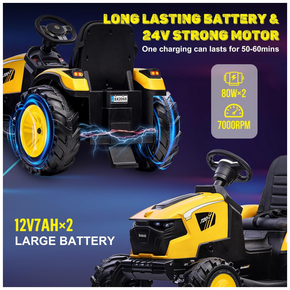 Trator Infantil Elétrico GarveeLife Amarelo 24V 3 em 1 Escavadeira Buldôzer Trailer Controle Remoto Luzes LED Bluetooth - Imagem 7