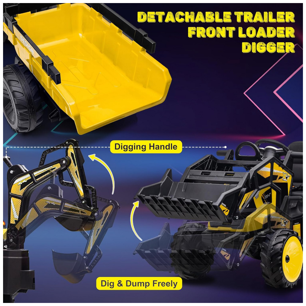 Trator Infantil Elétrico GarveeLife Amarelo 24V 3 em 1 Escavadeira Buldôzer Trailer Controle Remoto Luzes LED Bluetooth - Imagem 8