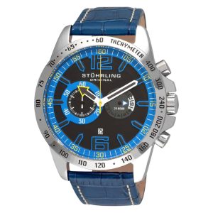 Relógio de pulso masculino Concorso Laureate 210B com cronógrafo de 48 mm mostrador preto e pulseira de couro azul Stuhrling.