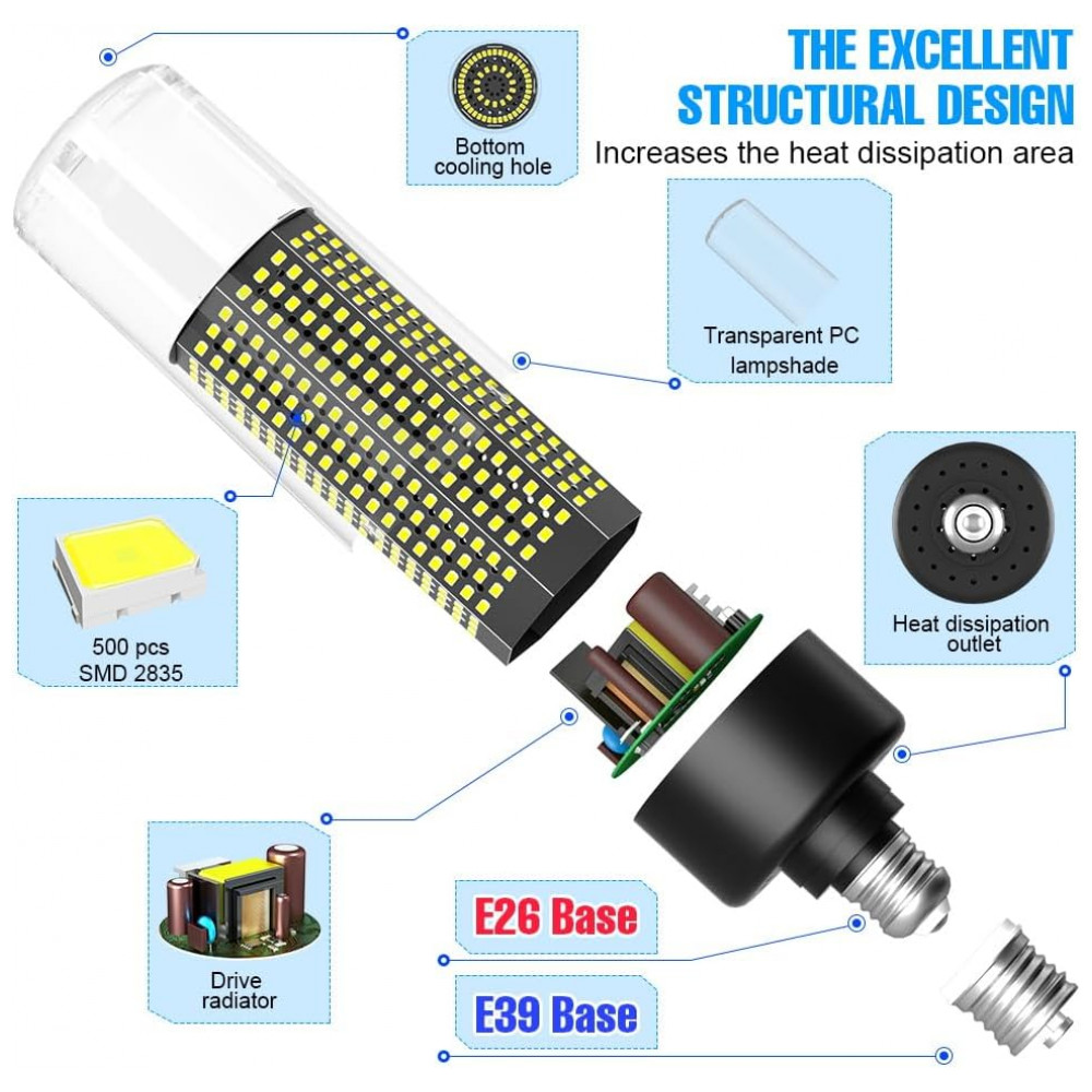 Lâmpada de Milho LED E26 Equivalente a 800W com 500 LEDs, 12350 Lúmens, DuuToo - Imagem 2