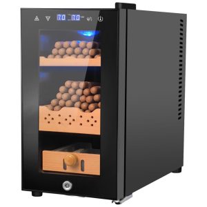 Umidor Elétrico 25L Capacidade para 150 Cigarros Controle de Temperatura e Umidade Prateleiras de Cedro Espanhol Tela LED Trava.Velieta