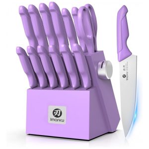 Conjunto de Facas de Cozinha imarku 14 Peças Roxo com Afiador Integrado e Bloco em Madeira