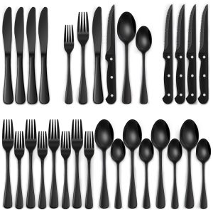 Jogo de Talheres Sofisticado Preto de 24 Peças com Facas de Churrasco - Aço Inox Premium p/ Casa e Restaurante - Design Ergonômico e DurávelEWFEN