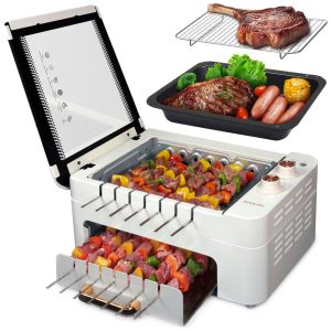 Churrasqueira Elétrica de Mesa 3 em 1 com Espetos Giratórios 360º Parrilla Interna sem FumaçaXHJ