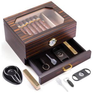 Umidor de Cedro Espanhol para 25-50 Charutos com Acessórios e Armazenamento Higrômetro Umidificador Cinzeiro e Cortador - Apreciador CINOROW