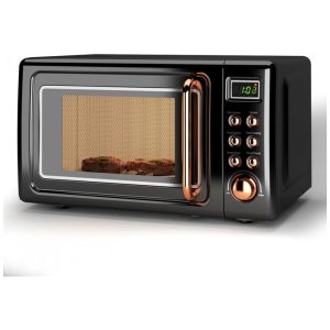 Forno micro-ondas de bancada LDAILY retrô dourado 700W 5 níveis de potência menus automáticos prato giratório trava de segurança infantil 20L 110V