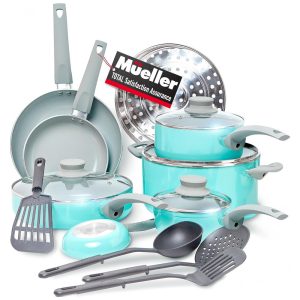 Jogo de Panelas e Frigideiras com Revestimento Antiaderente Vaporizador de Aço Inoxidável Tampas de Vidro 16 Peças Mueller Azul Turquesa