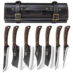 Conjunto de Facas de Açougueiro HOSHANHO Forjadas à Mão com Bolsa de Rolagem Faca Afiada para Carnes e Ossos - Kit Açougueiro