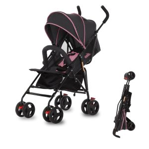 Carrinho de Bebê Dream On Me Vista Moonwalk em Rosa e Preto Leve e Compacto Reclinável em Múltiplas Posições com Canopy Grande Armazenamento e Porta-copos