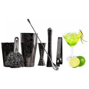 Kit Bartender Profissional 7 Peças em Aço Inoxidável Sky Fish Preto