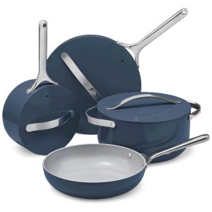 Conjunto de Panelas Cerâmicas Antiaderentes Caraway 12 Peças Azul Marinho Inclui Panelas Tampa e Organizadores Compatível com Todos os Fogões