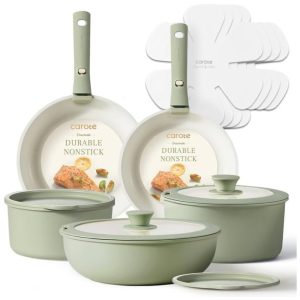 Jogo de Panelas CAROTE Jogo de Utensílios de Cozinha Antiaderente com Cabo Removível 15 peças Verde Sálvia