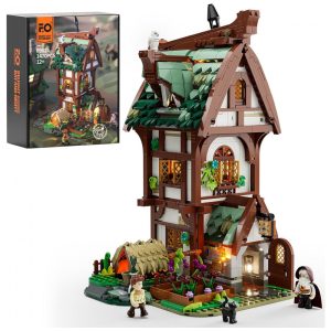 Miniatura Loja de Botica Medieval FUNWHOLE Branca + Iluminação LED + 1470 Peças + Figuras Animais - Modelo F9024-MT 110V