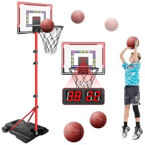 Cesta de Basquete Interno e Externa com 2 Bolas Placar Eletrônico e Altura Ajustável de 1 Metro a 18 Metros para Crianças de 3 a 8 Anos NZQXJXZ Vermelha