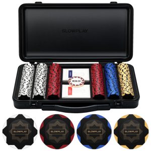 Maleta de Poker com Detalhes em Branco e 300 Fichas sem Numeração para Texas Holdem 14g SLOWPLAY Preta