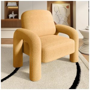 Poltrona Dewhut em tecido sherpa rosa cadeira decorativa estofada com braços curvos tipo tromba de elefante