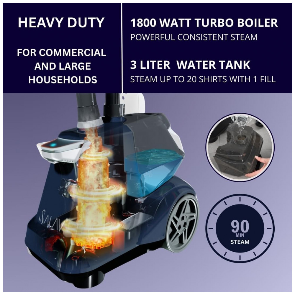 SALAV: Steamer,Passadeira e Vaporizador de Roupas Vertical Comercial Navy, 1800W, Tanque de Água XL de 3L, 90 Min de Uso Contínuo, - Imagem 4