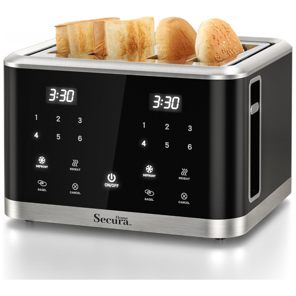 Torradeira Elétrica 4 Fatias com Tela Digital 6 Níveis de Tostagem e Temporizador Digital 1600W Secura Preta