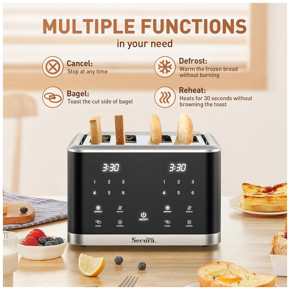 Torradeira Elétrica 4 Fatias com Tela Digital 6 Níveis de Tostagem e Temporizador Digital 1600W Secura Preta - Imagem 3