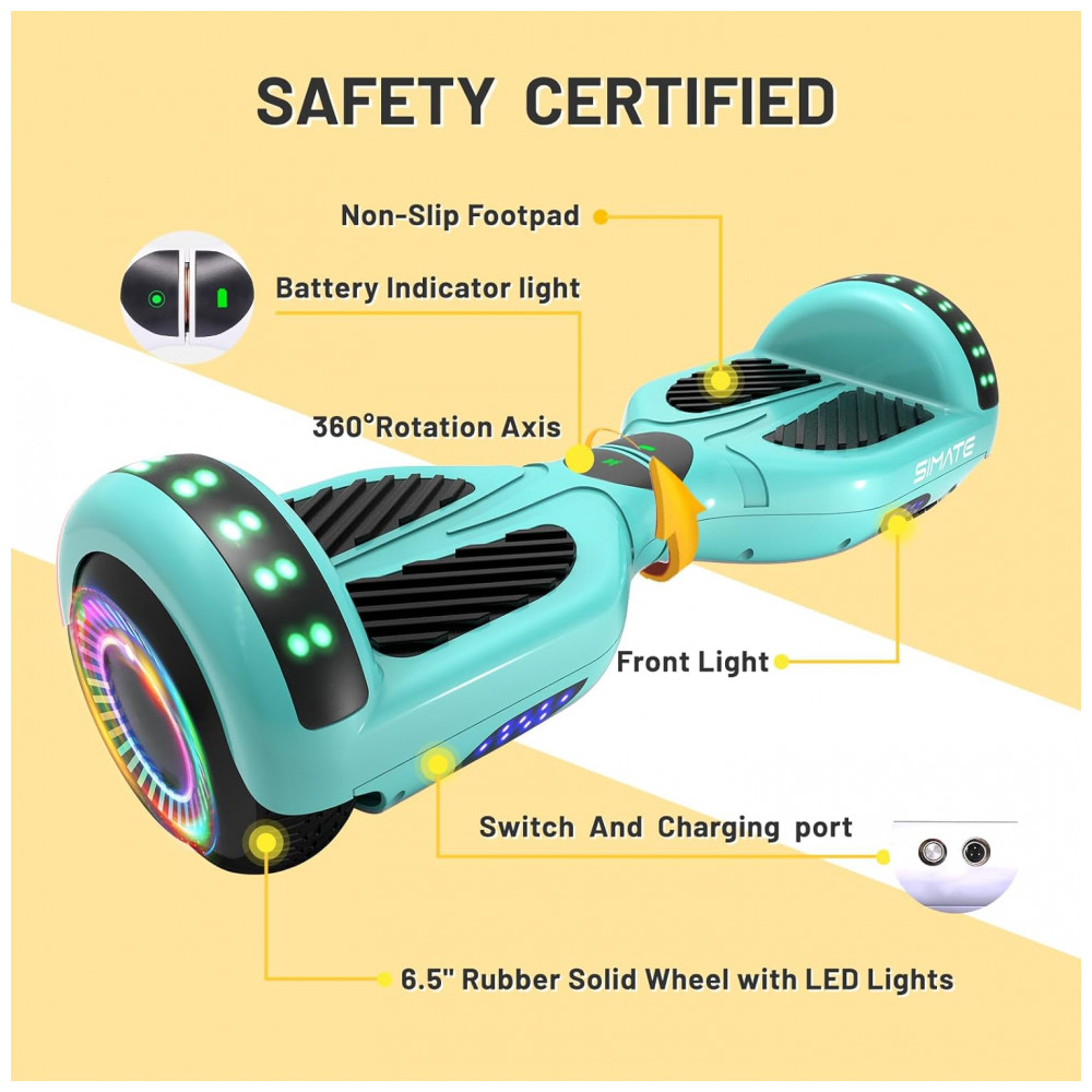 Hoverboard SISIGAD Verde 6,5" com Bluetooth, Luzes LED e Certificação UL2272 – Até 13,7 km/h, Autonomia de 12,8 km - Imagem 3