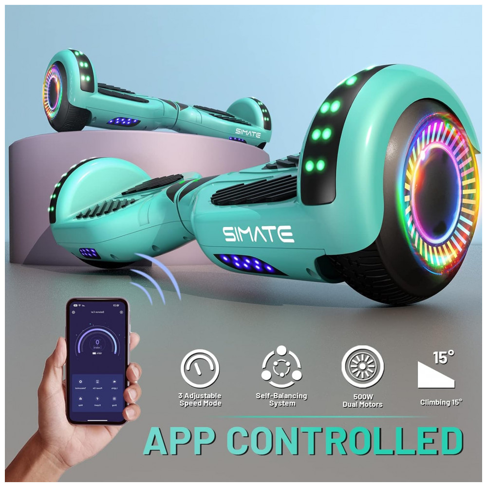 Hoverboard SISIGAD Verde 6,5" com Bluetooth, Luzes LED e Certificação UL2272 – Até 13,7 km/h, Autonomia de 12,8 km - Imagem 4