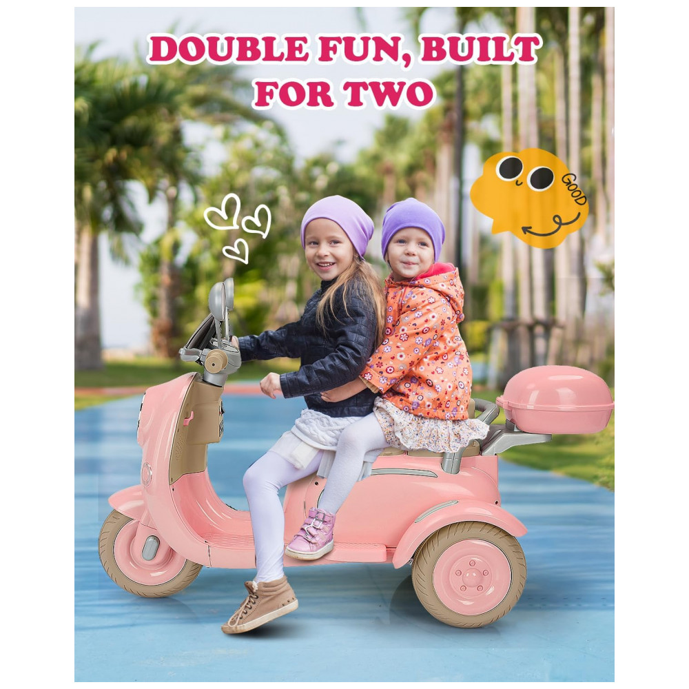 Moto Elétrica Infantil Letsgoride 12V Rosa Claro 2 Lugares 3 Rodas Baú Musical Bluetooth LED Buzina 2x50W - Imagem 3
