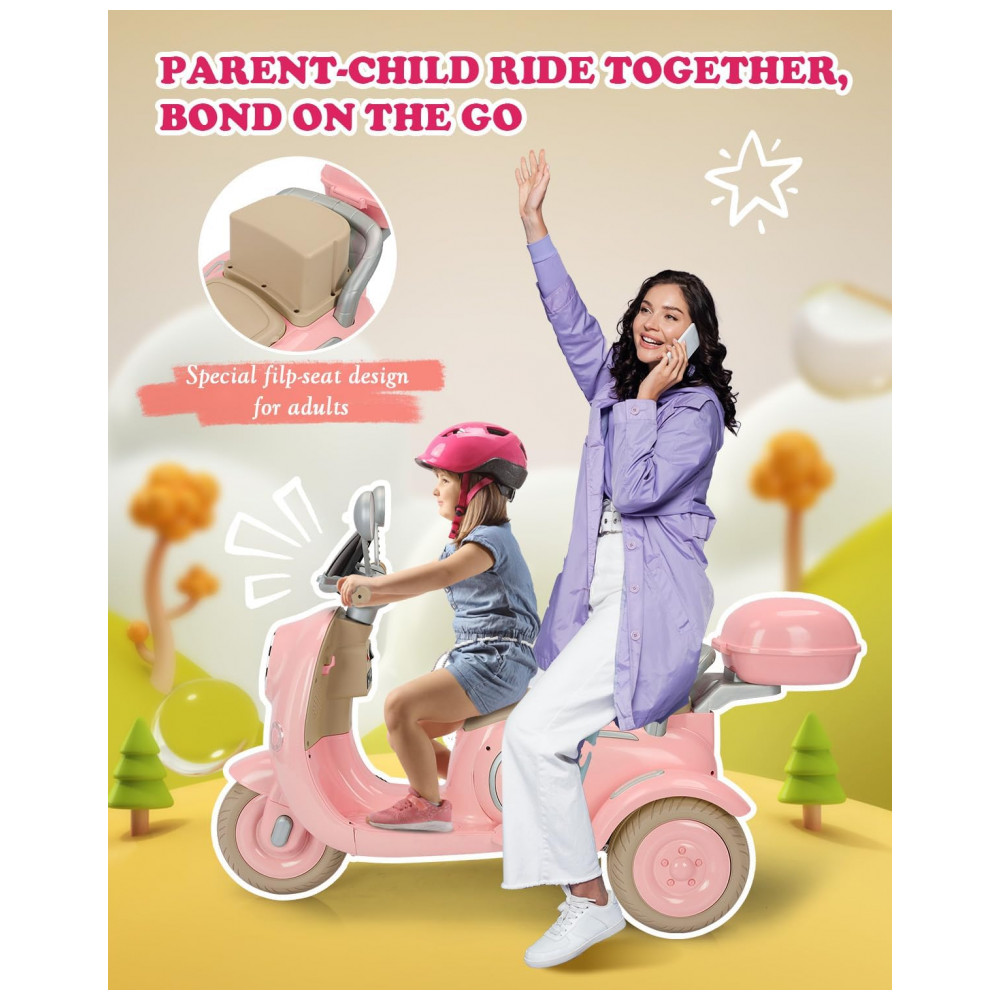 Moto Elétrica Infantil Letsgoride 12V Rosa Claro 2 Lugares 3 Rodas Baú Musical Bluetooth LED Buzina 2x50W - Imagem 4