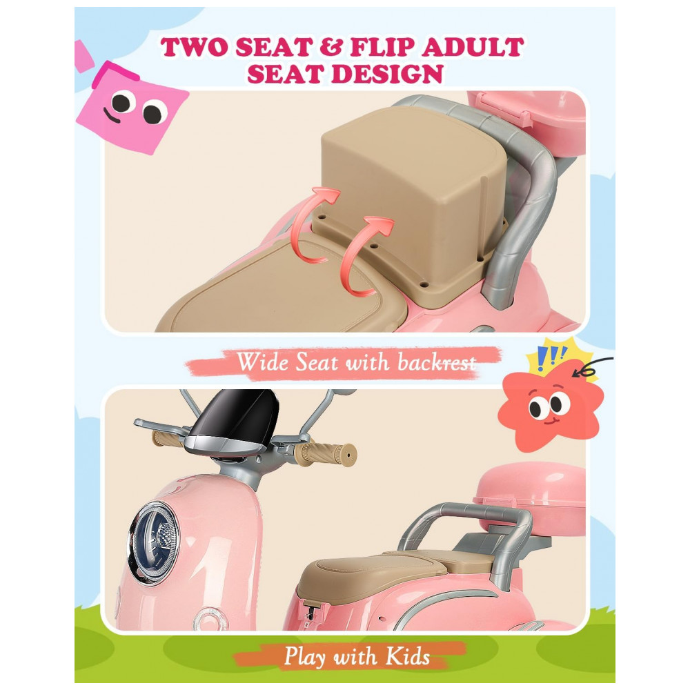 Moto Elétrica Infantil Letsgoride 12V Rosa Claro 2 Lugares 3 Rodas Baú Musical Bluetooth LED Buzina 2x50W - Imagem 7