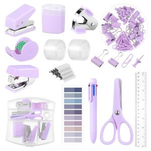Kit mini escritório auroray roxo com grampeador furador dispenser de fita clips e bloco de notas
