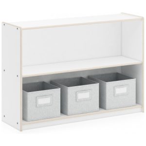 Estante baixa Guidecraft EdQ Two Shelf Open Storage 30" Branca com 2 prateleiras abertas e 3 caixas de tecido 107cm