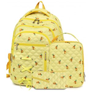 Mochila escolar com estampa de abacaxi com lancheira e estojo para meninas e adolescentes 17" múltiplos compartimentos