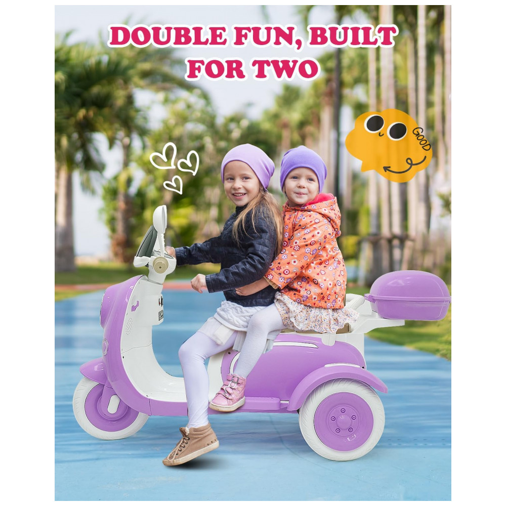 Moto Elétrica Infantil Letsgoride 12V Roxa 2 Lugares 3 Rodas Baú Musical Bluetooth LED Buzina 2x50W - Imagem 3