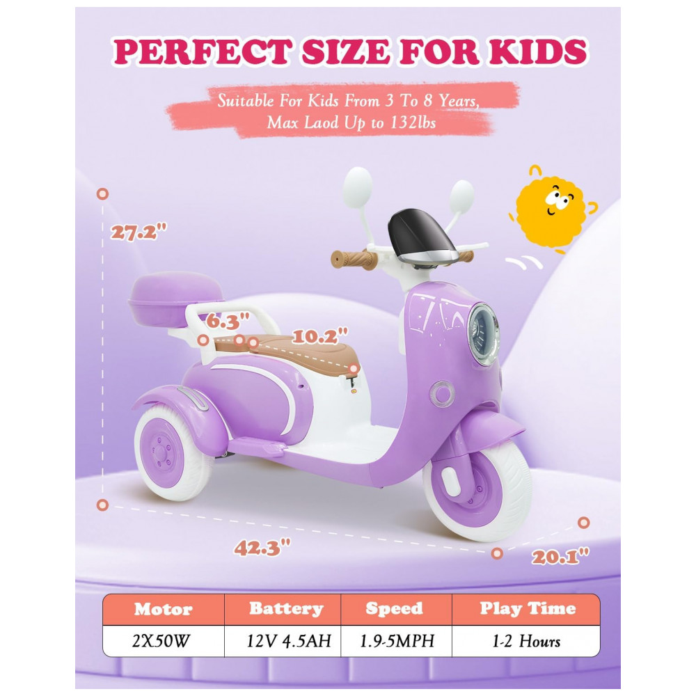 Moto Elétrica Infantil Letsgoride 12V Roxa 2 Lugares 3 Rodas Baú Musical Bluetooth LED Buzina 2x50W - Imagem 6