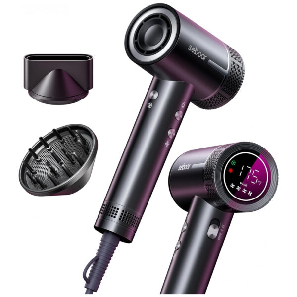 Secador de Cabelo Iônico HighSpeed com Difusor, Display Profissional de LCD, Controle Térmico, 1500W de Potência, 500 Milhões de Íons Negativos, Baixo