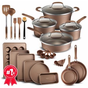 Conjunto de Panelas e Frigideiras Antiaderentes em Alumínio com Utensílios 23 Peças BAKKEN Swiss Bronze