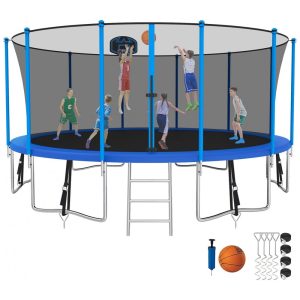 Trampolim redondo SKYUP azul com rede de proteção cesta de basquete escada e capacidade até 680kg