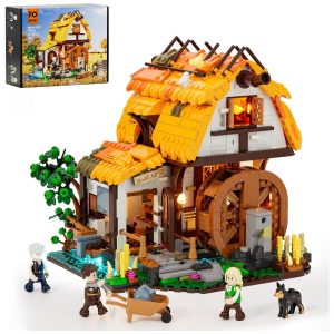 Conjunto de Blocos de Montar FUNWHOLE Moinho d'Água Medieval LED 1278 Peças Roda Giratória Mecânica 7 LEDs Modelo F9061-MT