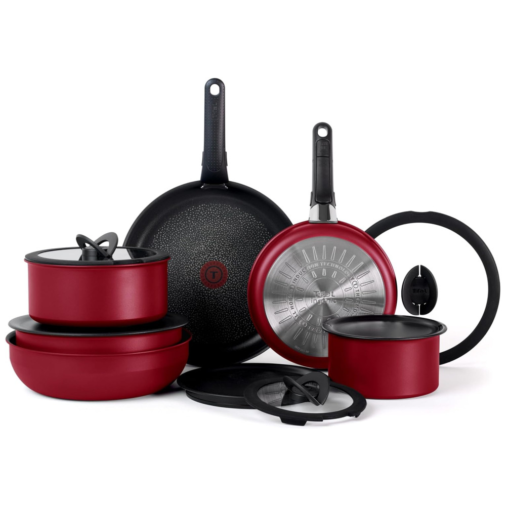 Jogo de Panelas Potes e Frigideiras Antiaderentes 14 Peças com Cabo Removível e Material Alumínio T-Fal Vermelho Cereja