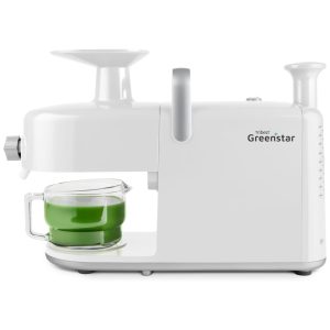 Centrifuga de Frutas em Aço Inoxidável com Duplo Mastigador Caixa de Limpeza Fácil Ferramenta de Limpeza de Tela e Jarro de Vidro 110V 170W Tribest Branca