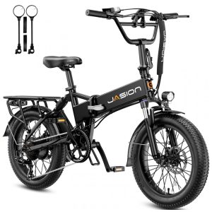 Bicicleta elétrica dobrável Jasion EB7 2.0 preta sólida pneus 20x3 motor até 1200W bateria 48V 10Ah 7 marchas suspensão dupla e voltagem 110V