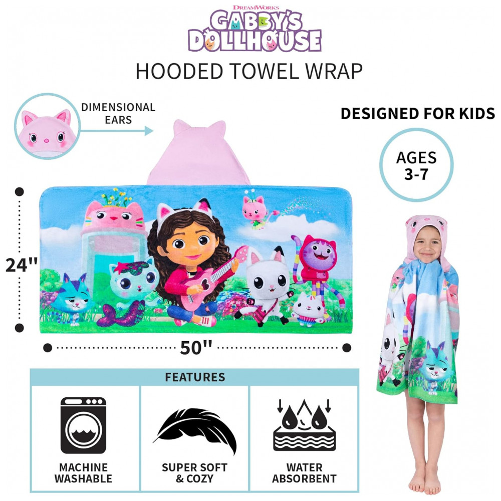 Toalha com Capuz de Algodão Macio Franco Kids DreamWorks Gabby's Dollhouse para Banho, Piscina e Praia, 61 cm x 127 cm - Imagem 6