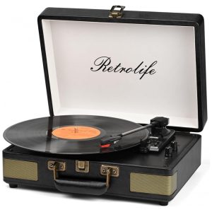 Toca-discos Retrolife 3 Velocidades Bluetooth Portátil em Maleta de Vinil com Alto-falantes Integrados Turntable Som Aprimorado Couro PU Vintage Preto