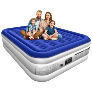 Colchão de Ar Queen com Bomba Incorporada - Conforto Luxuoso - Colchão Inflável Elevado Queen para Casa e Visitantes - Azul e Branco 152x203x46cmXsleep