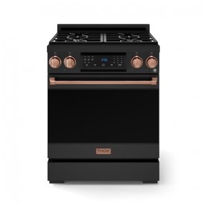 Fogão a gás GLP profissional 76cm Thor Kitchen Gordon Ramsay preto/rose gold painel touch basculante convecção grelha contínua 129L 110V